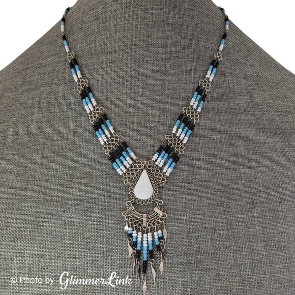 Peruvian Blue and White Beaded Fringe Boho Bib Necklace - Picture 1 of 9